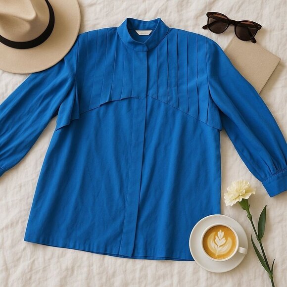 Francesca of Damon Starington Silk Blouse — Royal Blue, Pleated Front, Sz 6 - Picture 2 of 16